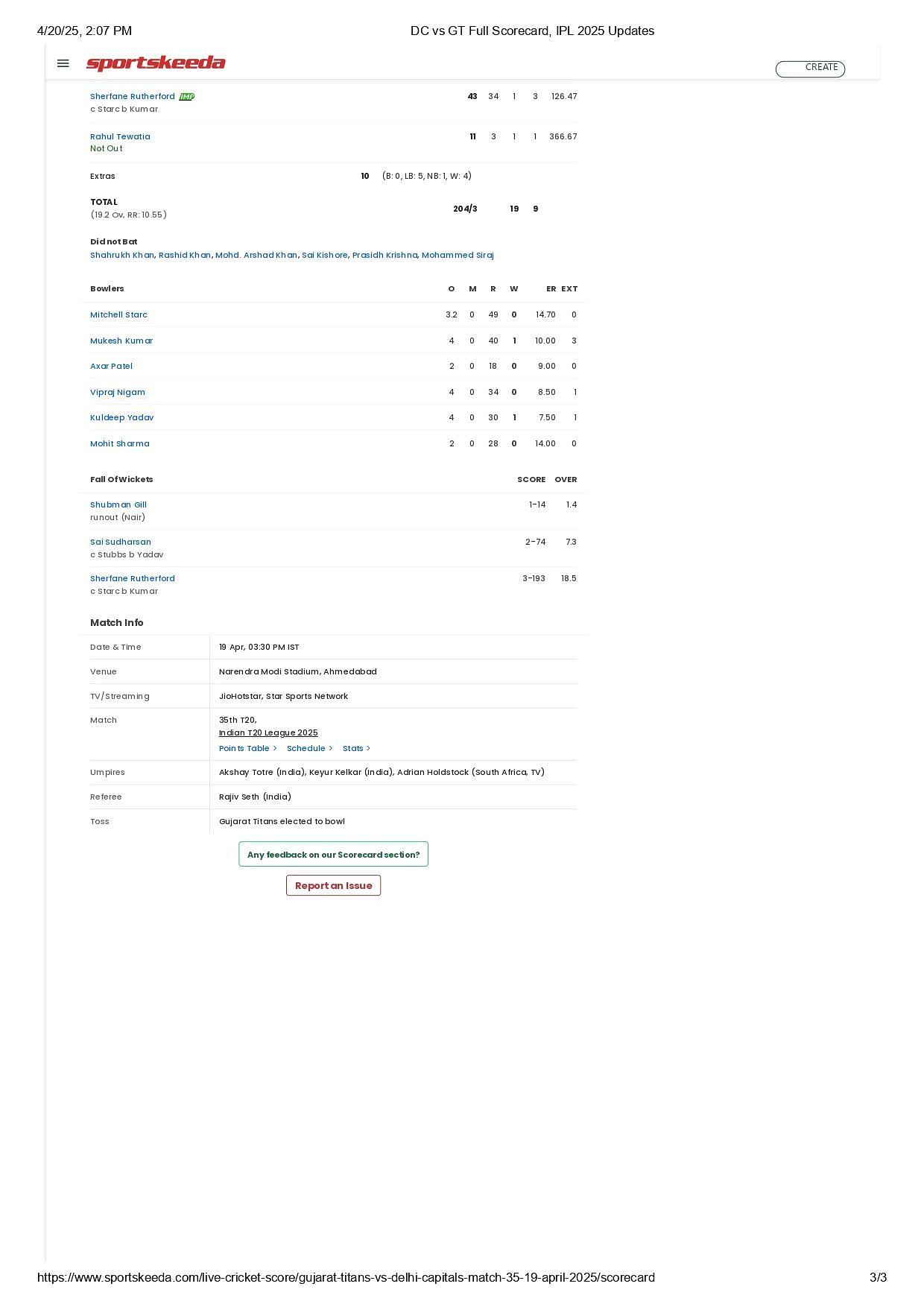 GT vs DC 2025 scorecard.